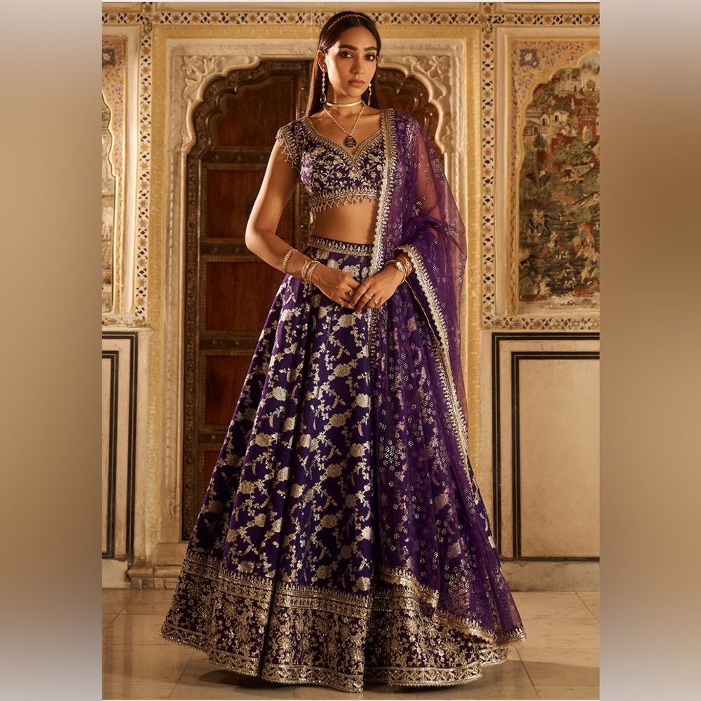 Purple & Gold Embroidered Brocade Lehenga